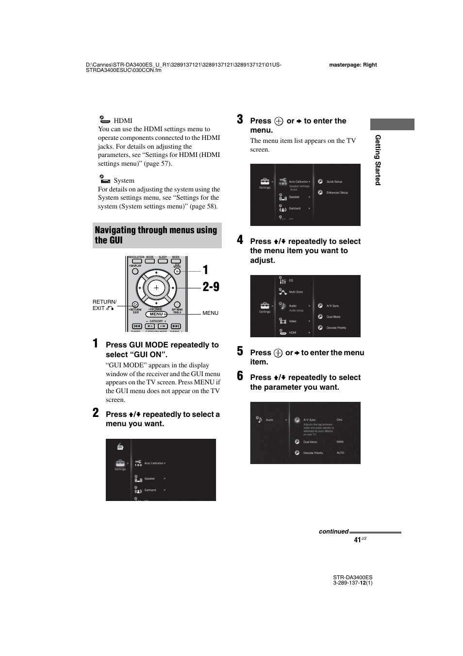 Navigating through menus using the gui | Sony STR-DA3400ES User Manual | Page 41 / 144