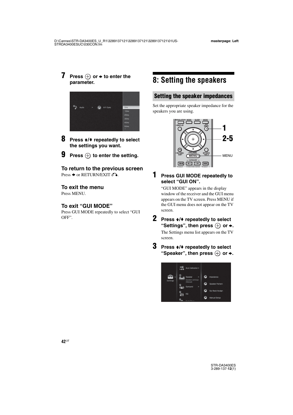 Setting the speakers, Setting the speaker impedances | Sony STR-DA3400ES User Manual | Page 42 / 144