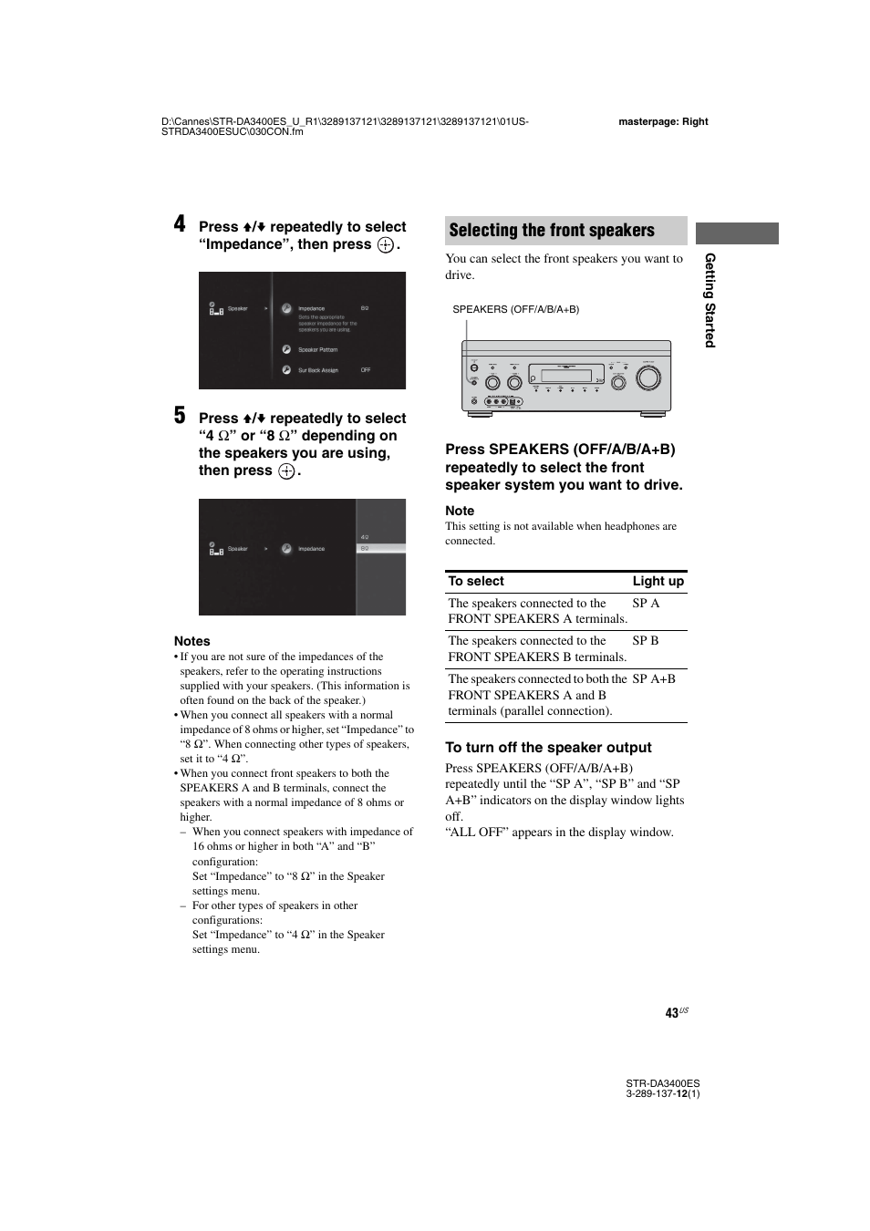 Selecting the front speakers | Sony STR-DA3400ES User Manual | Page 43 / 144