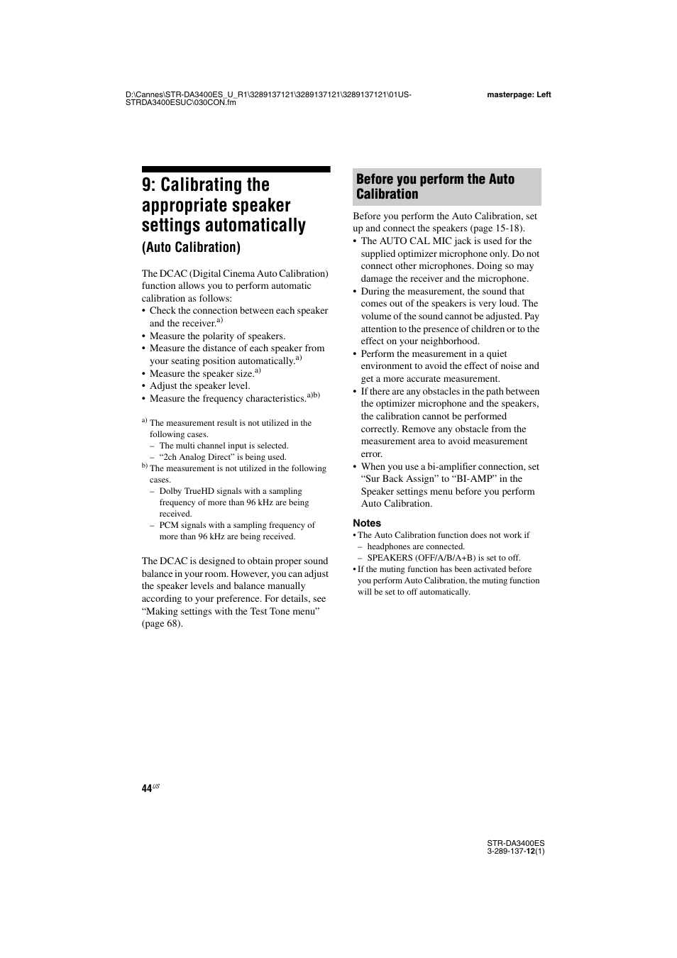 Calibrating the appropriate speaker settings, Automatically (auto calibration), Auto calibration) | Before you perform the auto calibration | Sony STR-DA3400ES User Manual | Page 44 / 144