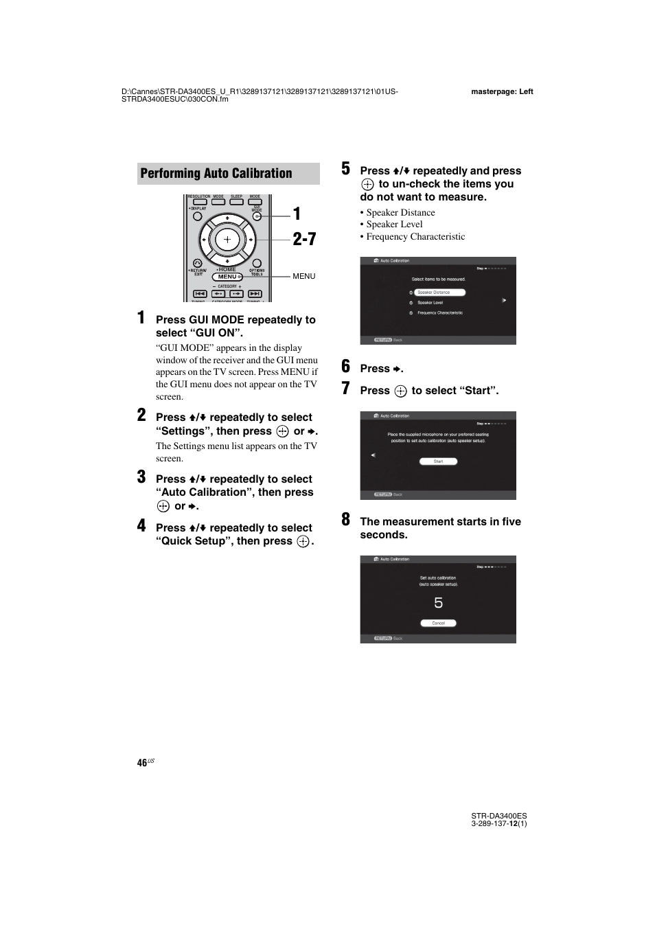 Performing auto calibration | Sony STR-DA3400ES User Manual | Page 46 / 144