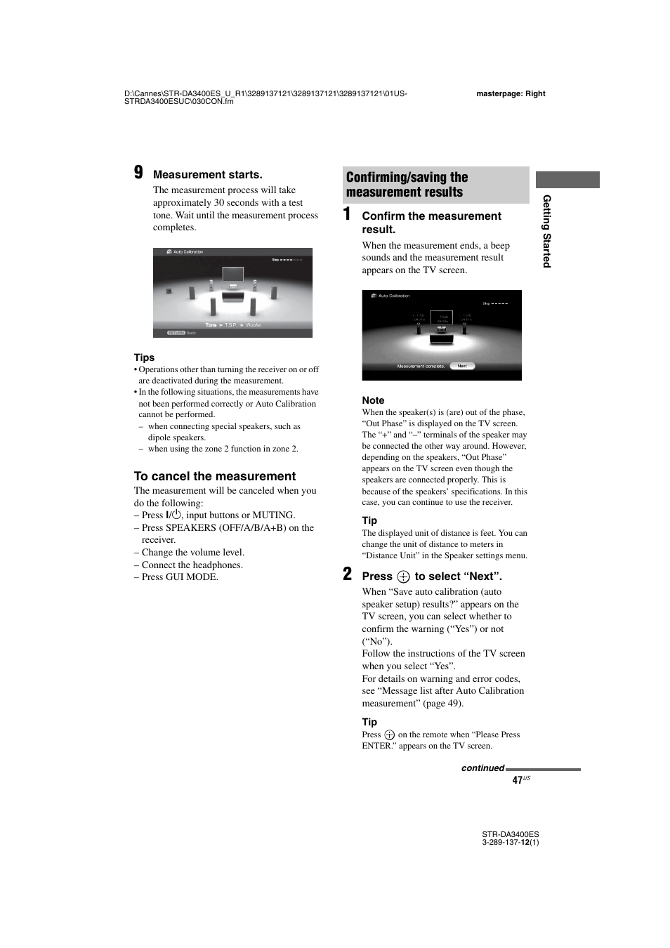 Confirming/saving the measurement results | Sony STR-DA3400ES User Manual | Page 47 / 144