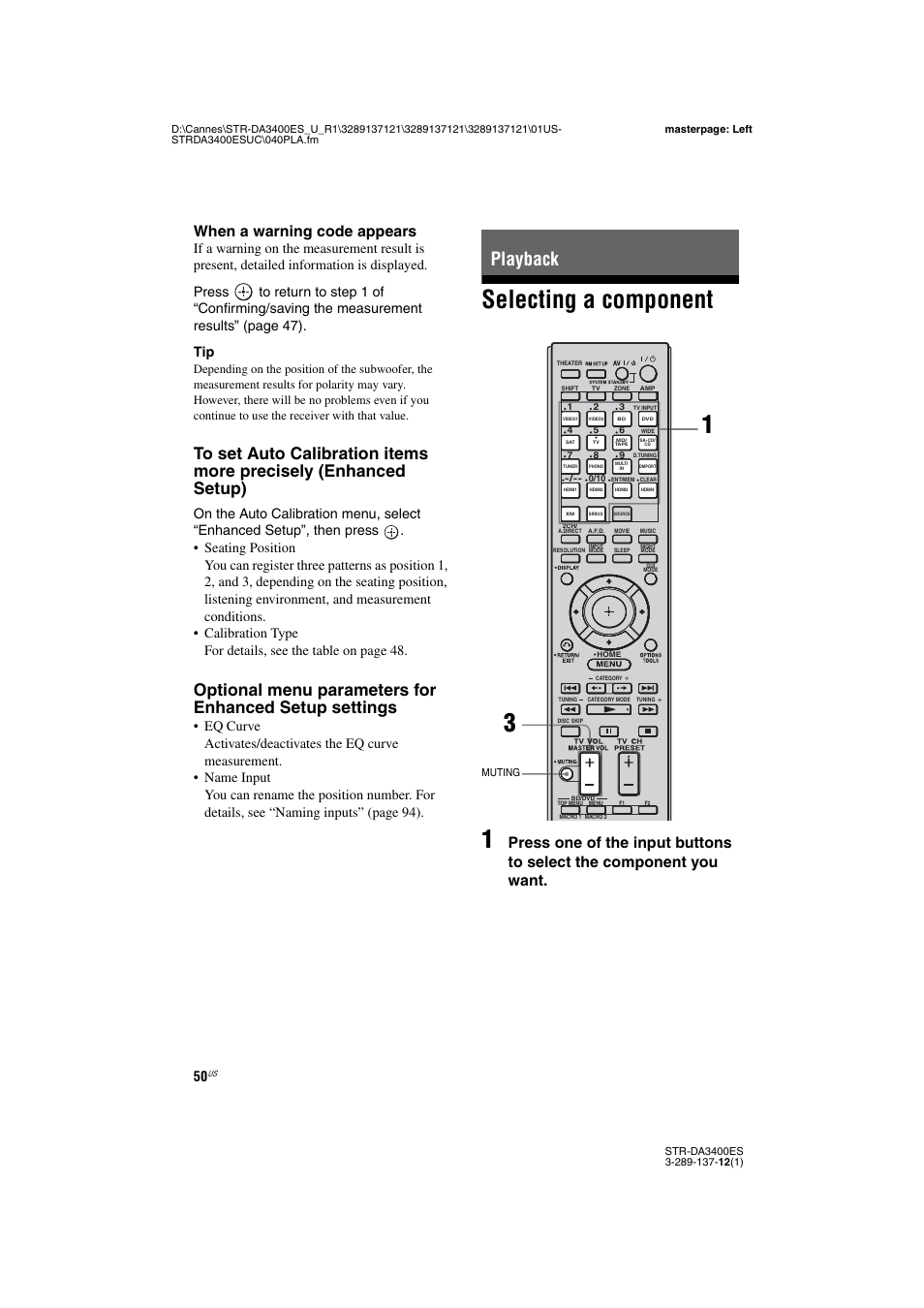 Playback, Selecting a component, Selecting a component 1 | When a warning code appears | Sony STR-DA3400ES User Manual | Page 50 / 144