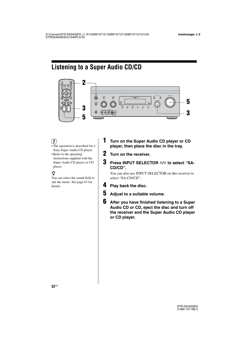 Listening to a super audio cd/cd | Sony STR-DA3400ES User Manual | Page 52 / 144