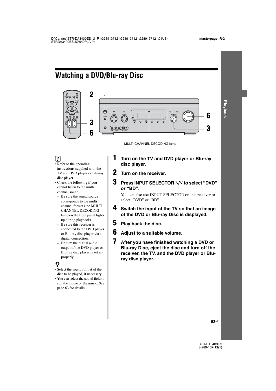 Watching a dvd/blu-ray disc | Sony STR-DA3400ES User Manual | Page 53 / 144