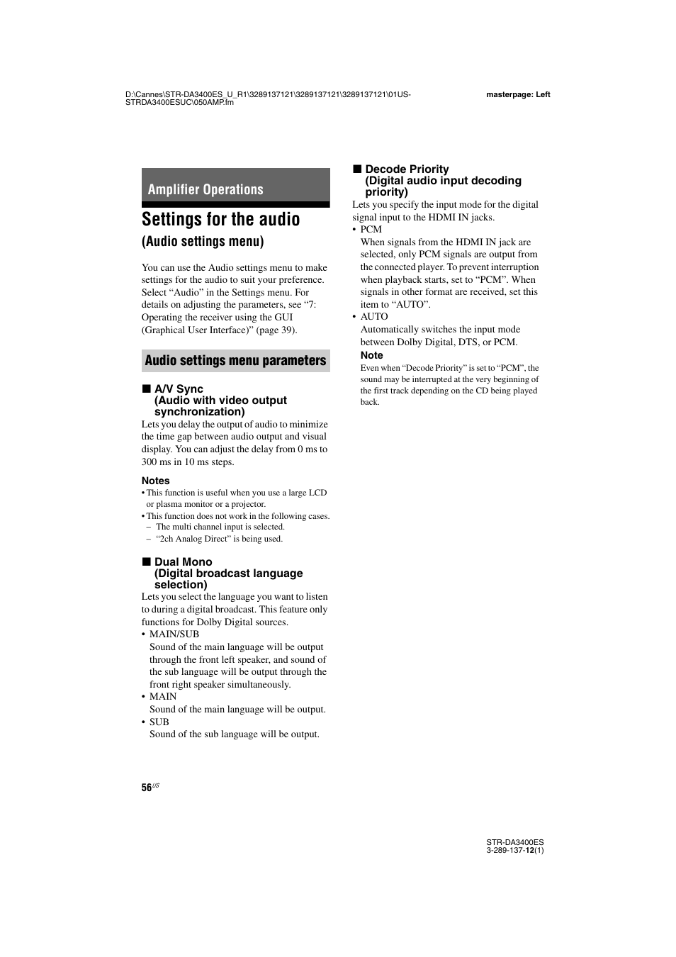 Amplifier operations, Settings for the audio (audio settings menu), Settings for the audio | Audio settings menu) | Sony STR-DA3400ES User Manual | Page 56 / 144