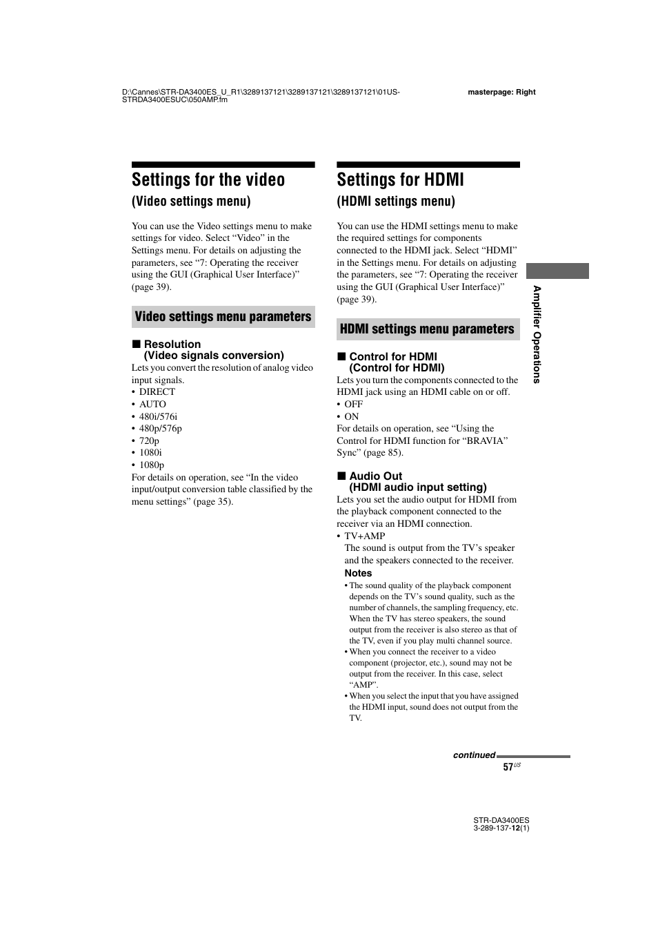 Settings for the video (video settings menu), Settings for hdmi (hdmi settings menu), Settings for the video | Video settings menu), Settings for hdmi, Hdmi settings menu) | Sony STR-DA3400ES User Manual | Page 57 / 144