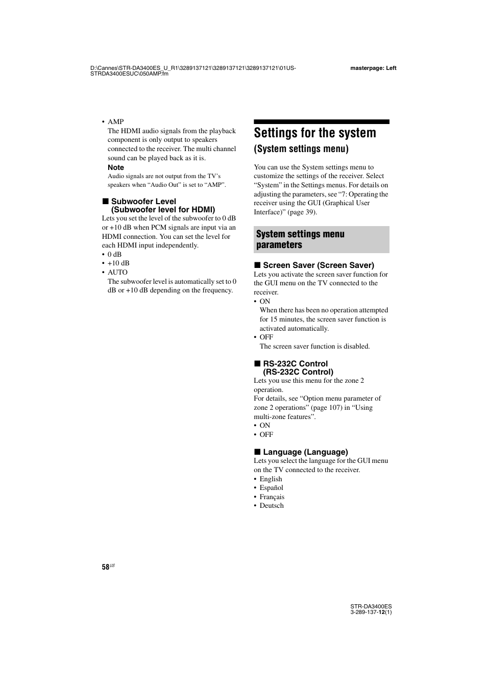 Settings for the system (system settings menu), Settings for the system, System settings menu) | System settings menu parameters | Sony STR-DA3400ES User Manual | Page 58 / 144