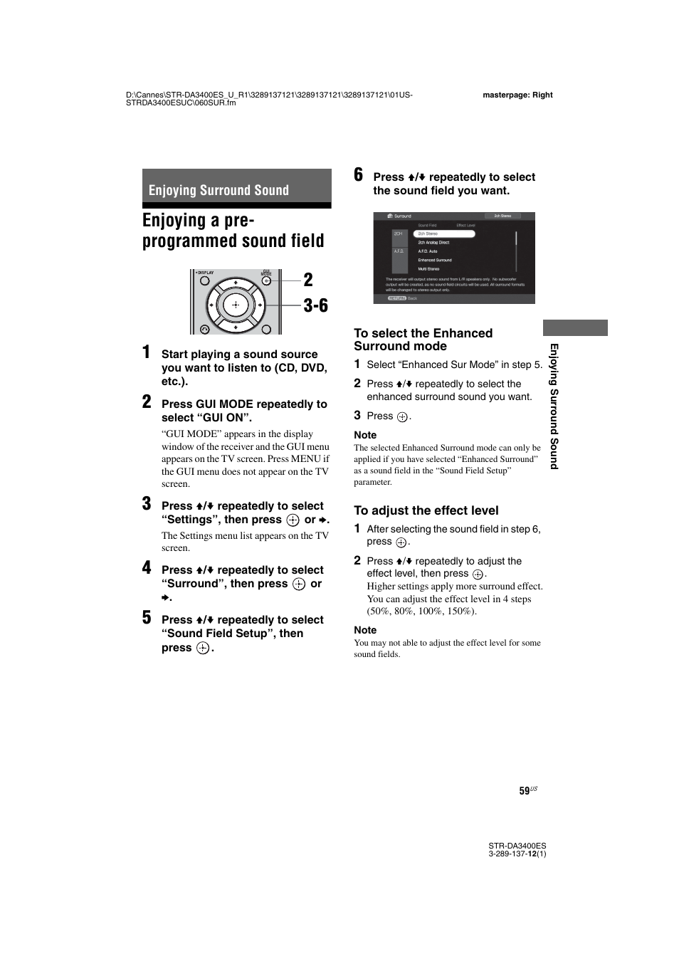 Enjoying surround sound, Enjoying a pre- programmed sound field, Enjoying a pre-programmed sound field | Enjoying a pre- programmed sound field 1 | Sony STR-DA3400ES User Manual | Page 59 / 144