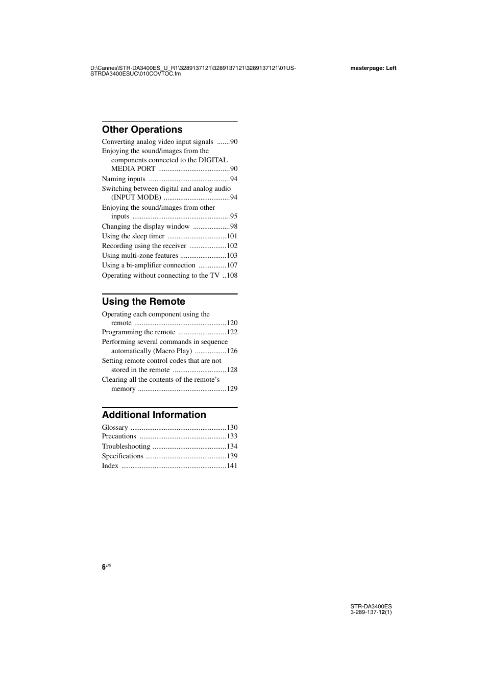 Other operations, Using the remote, Additional information | Sony STR-DA3400ES User Manual | Page 6 / 144