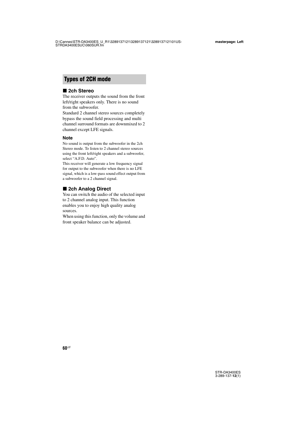 Types of 2ch mode | Sony STR-DA3400ES User Manual | Page 60 / 144