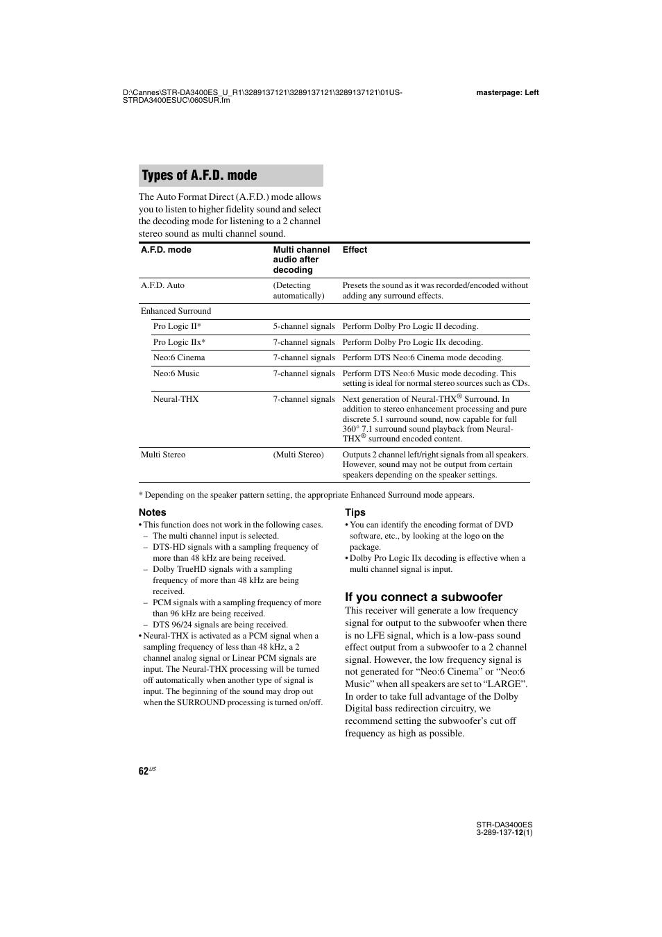 Types of a.f.d. mode, If you connect a subwoofer | Sony STR-DA3400ES User Manual | Page 62 / 144