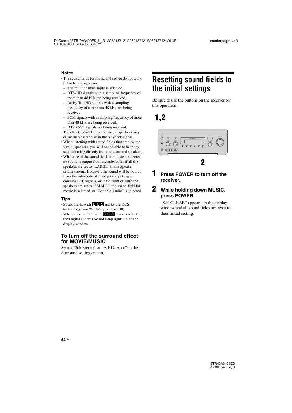 Resetting sound fields to the initial settings, Resetting sound fields to the initial, Settings | Sony STR-DA3400ES User Manual | Page 64 / 144