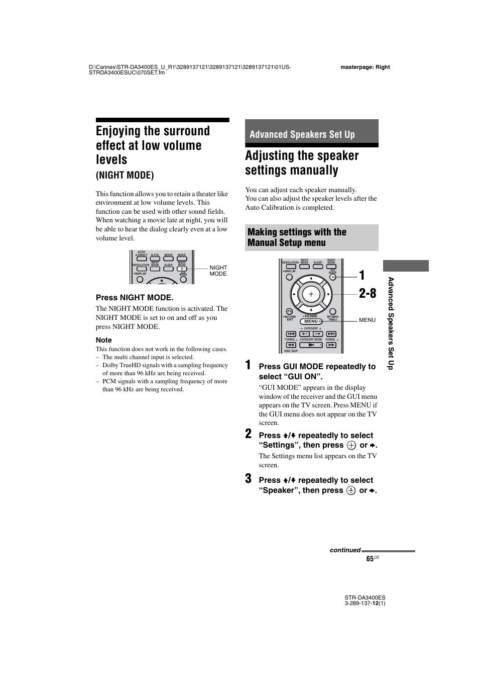 Advanced speakers set up, Adjusting the speaker settings manually, Enjoying the surround effect at low volume | Levels (night mode), Enjoying the surround effect at low volume levels, Night mode) | Sony STR-DA3400ES User Manual | Page 65 / 144