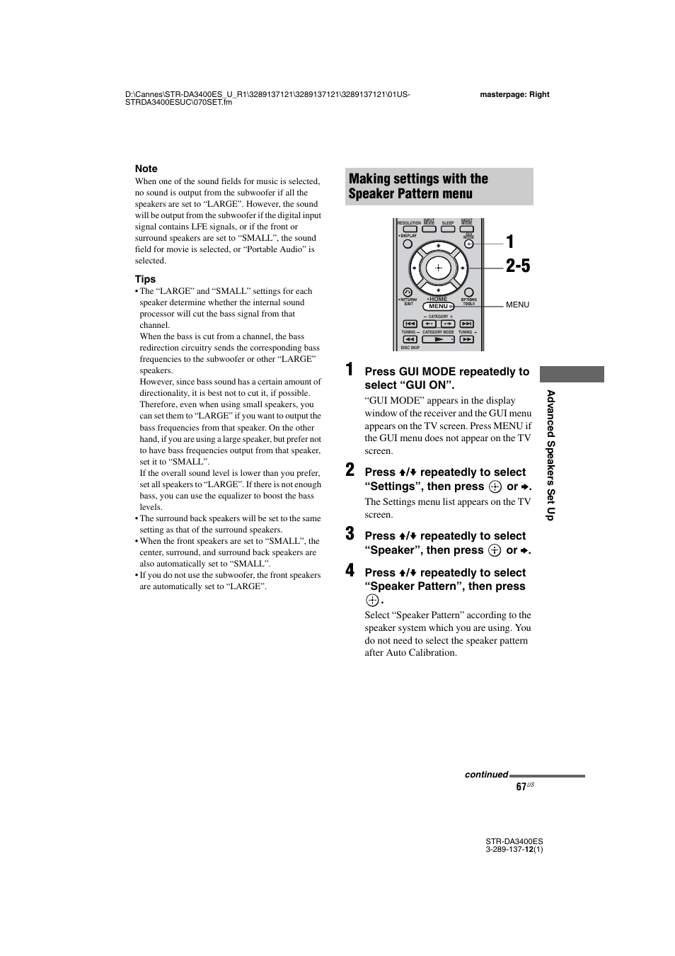 Making settings with the speaker pattern menu | Sony STR-DA3400ES User Manual | Page 67 / 144