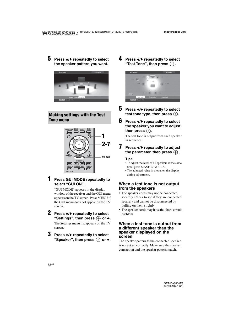 Making settings with the test tone menu | Sony STR-DA3400ES User Manual | Page 68 / 144