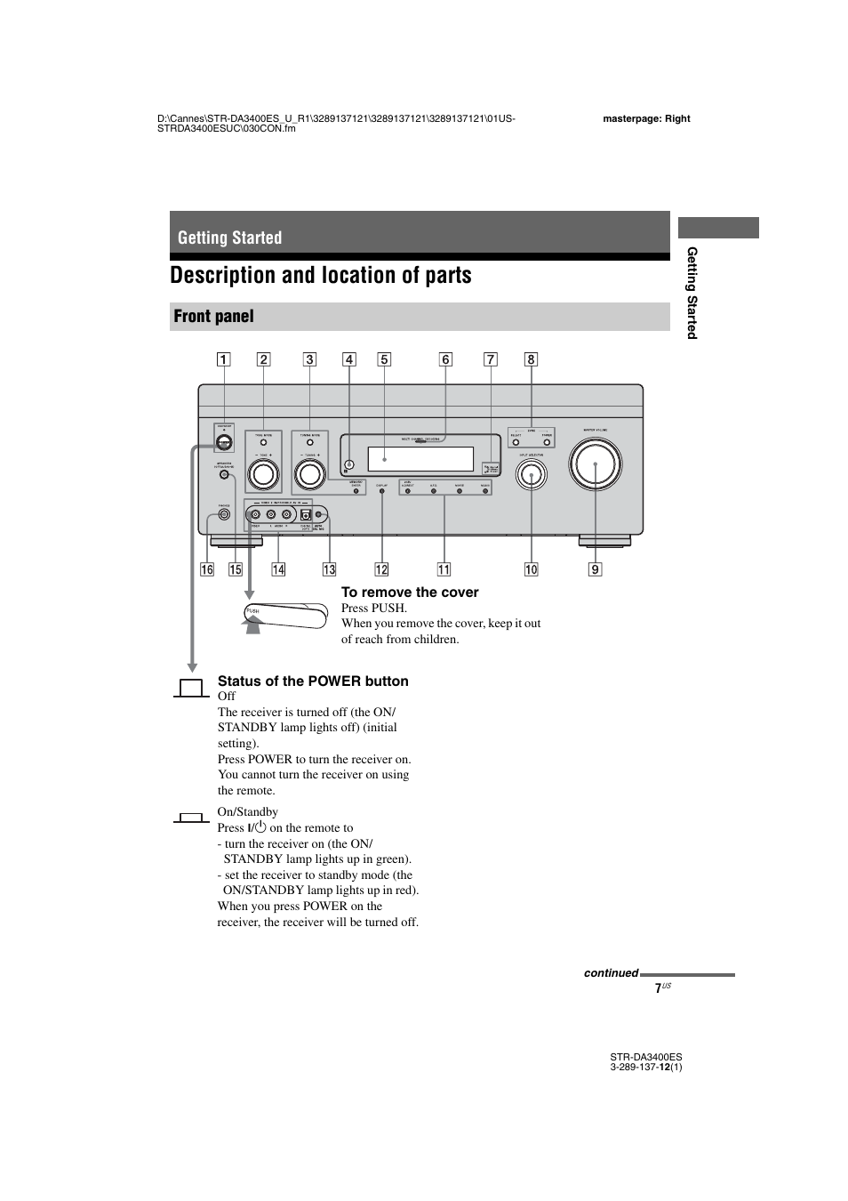 Getting started, Description and location of parts, Getting started front panel | Sony STR-DA3400ES User Manual | Page 7 / 144