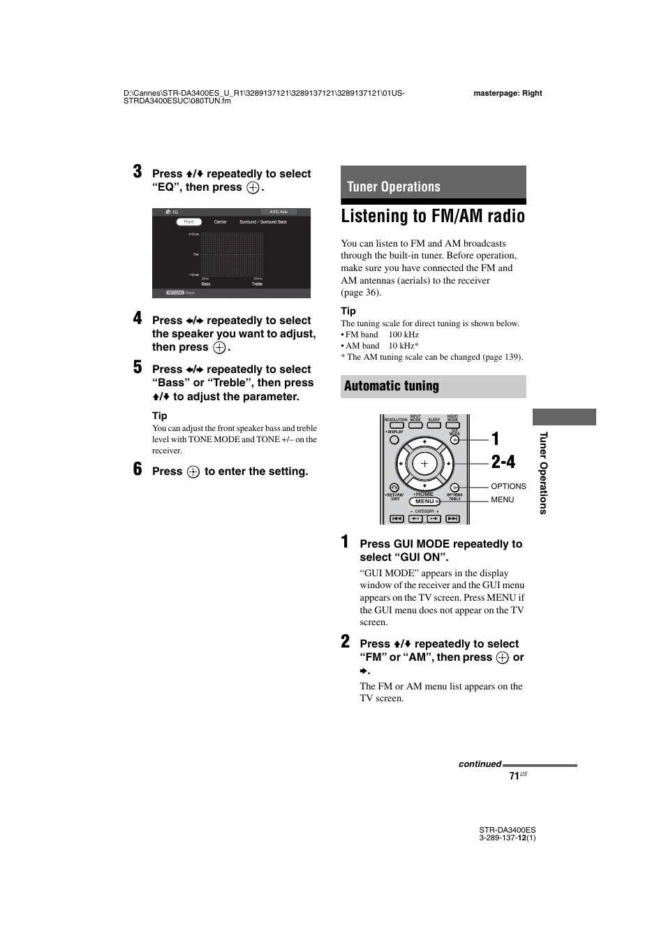 Tuner operations, Listening to fm/am radio, Tuner operations automatic tuning | Sony STR-DA3400ES User Manual | Page 71 / 144