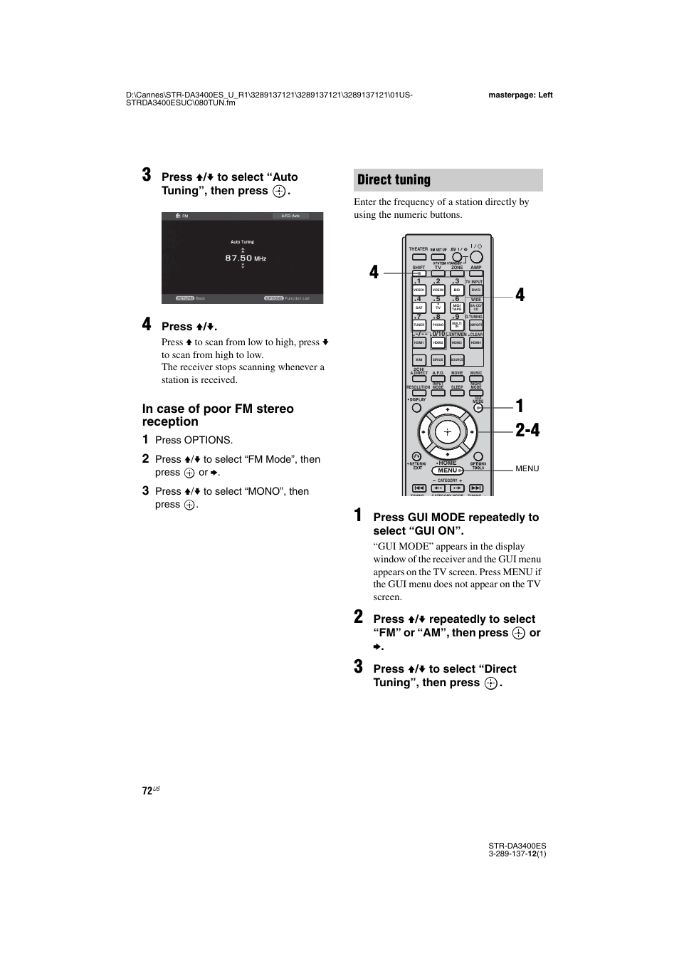 Direct tuning, Press v / v to select “auto tuning”, then press, Press v / v | Press gui mode repeatedly to select “gui on, Press v / v to select “direct tuning”, then press | Sony STR-DA3400ES User Manual | Page 72 / 144