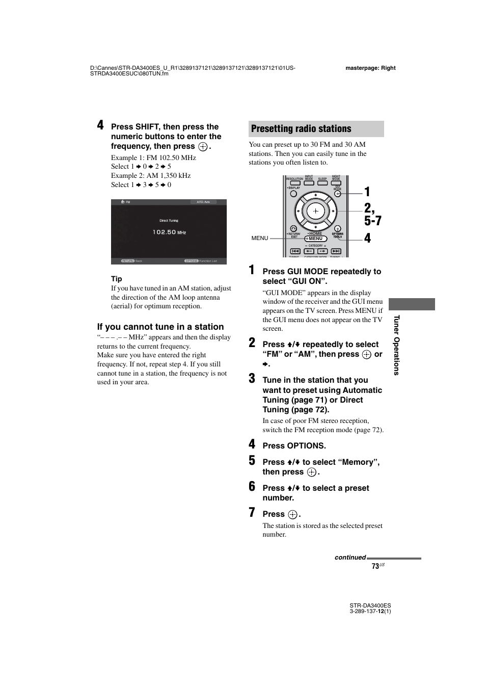 Presetting radio stations | Sony STR-DA3400ES User Manual | Page 73 / 144