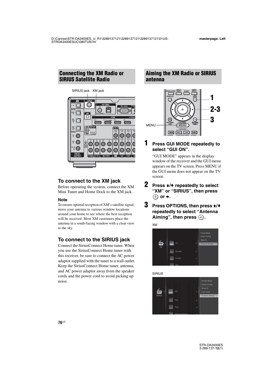 Connecting the xm radio or sirius satellite radio, Aiming the xm radio or sirius antenna | Sony STR-DA3400ES User Manual | Page 76 / 144