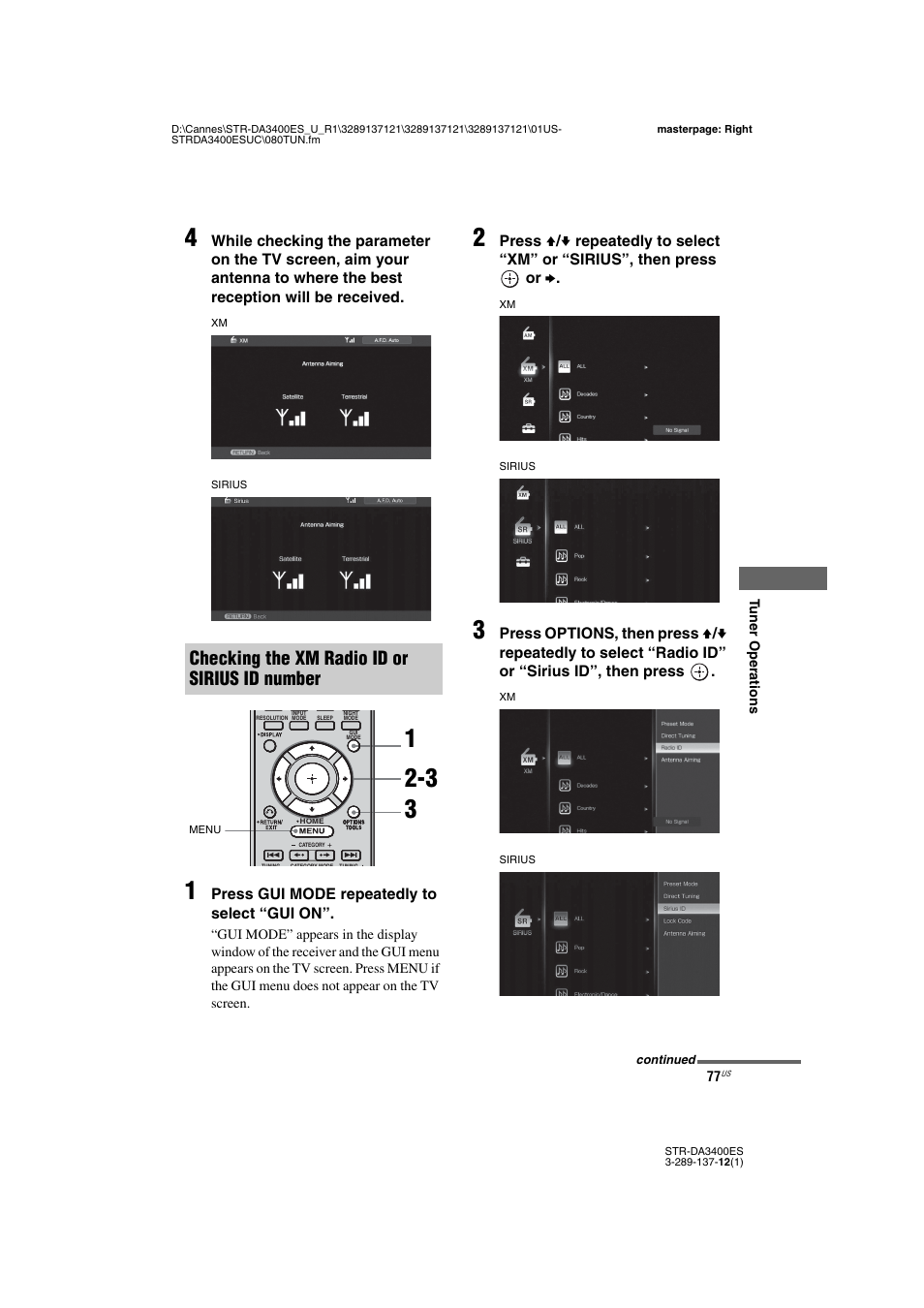 Checking the xm radio id or sirius id number | Sony STR-DA3400ES User Manual | Page 77 / 144