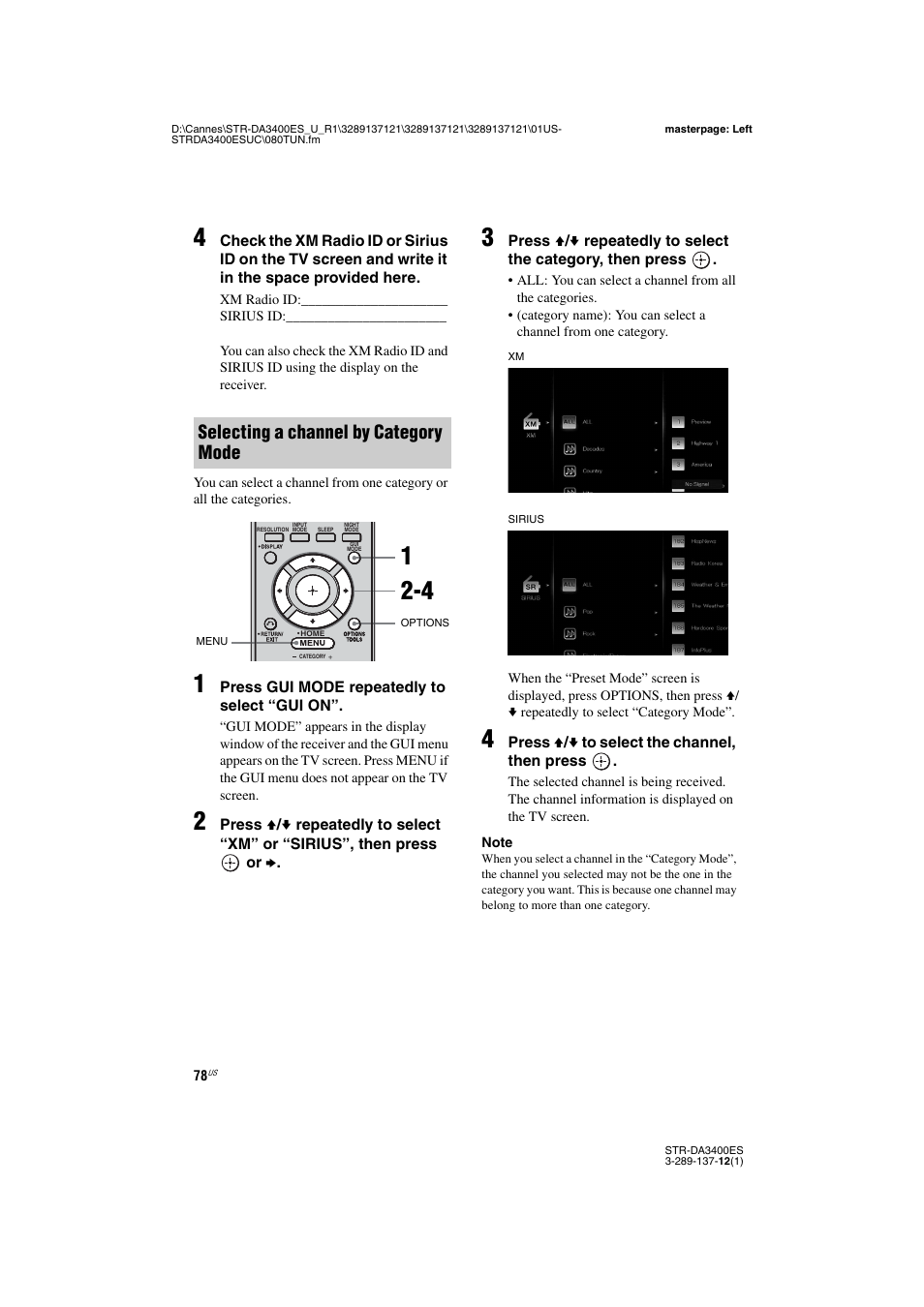 Selecting a channel by category mode | Sony STR-DA3400ES User Manual | Page 78 / 144