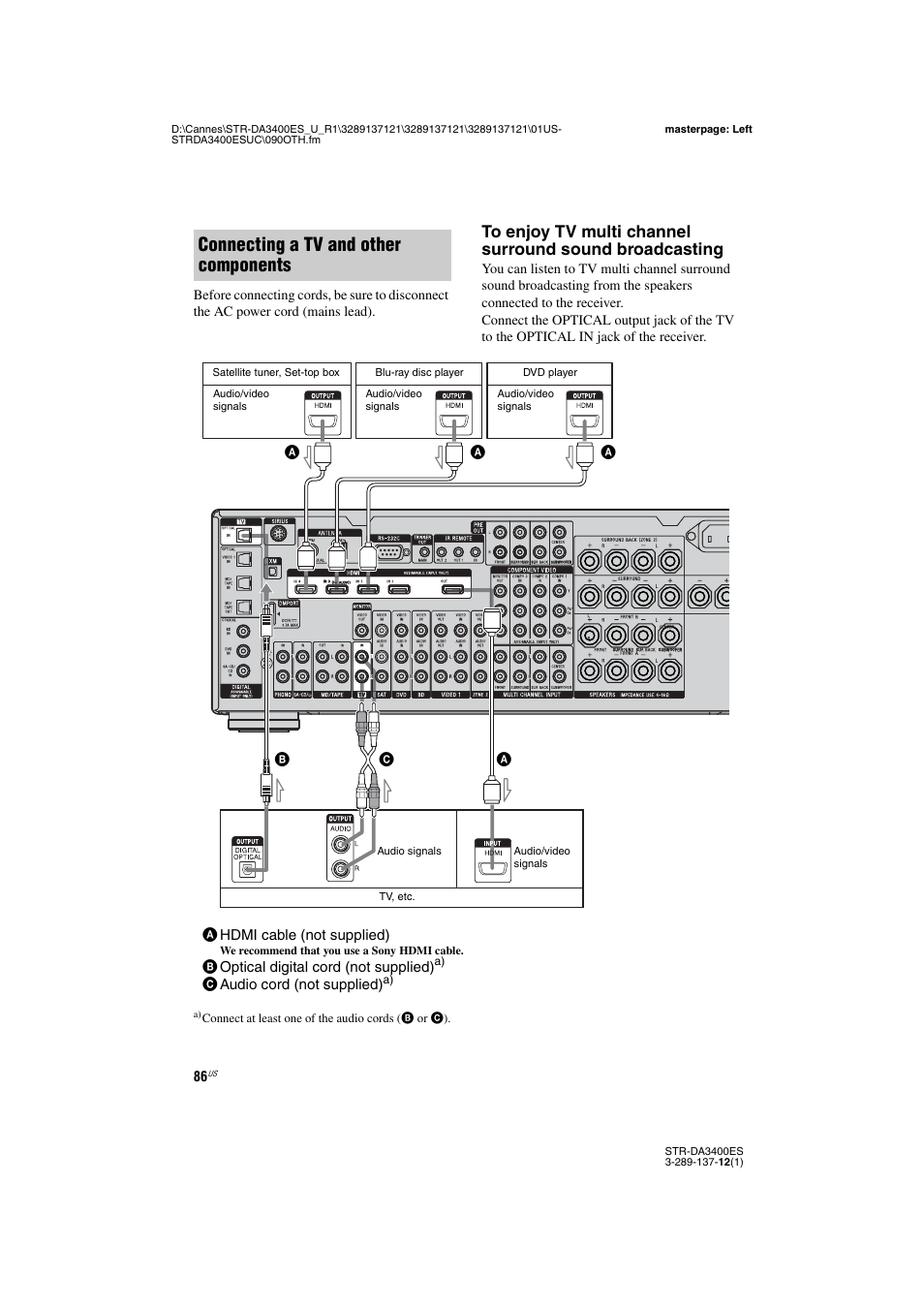 Connecting a tv and other components | Sony STR-DA3400ES User Manual | Page 86 / 144