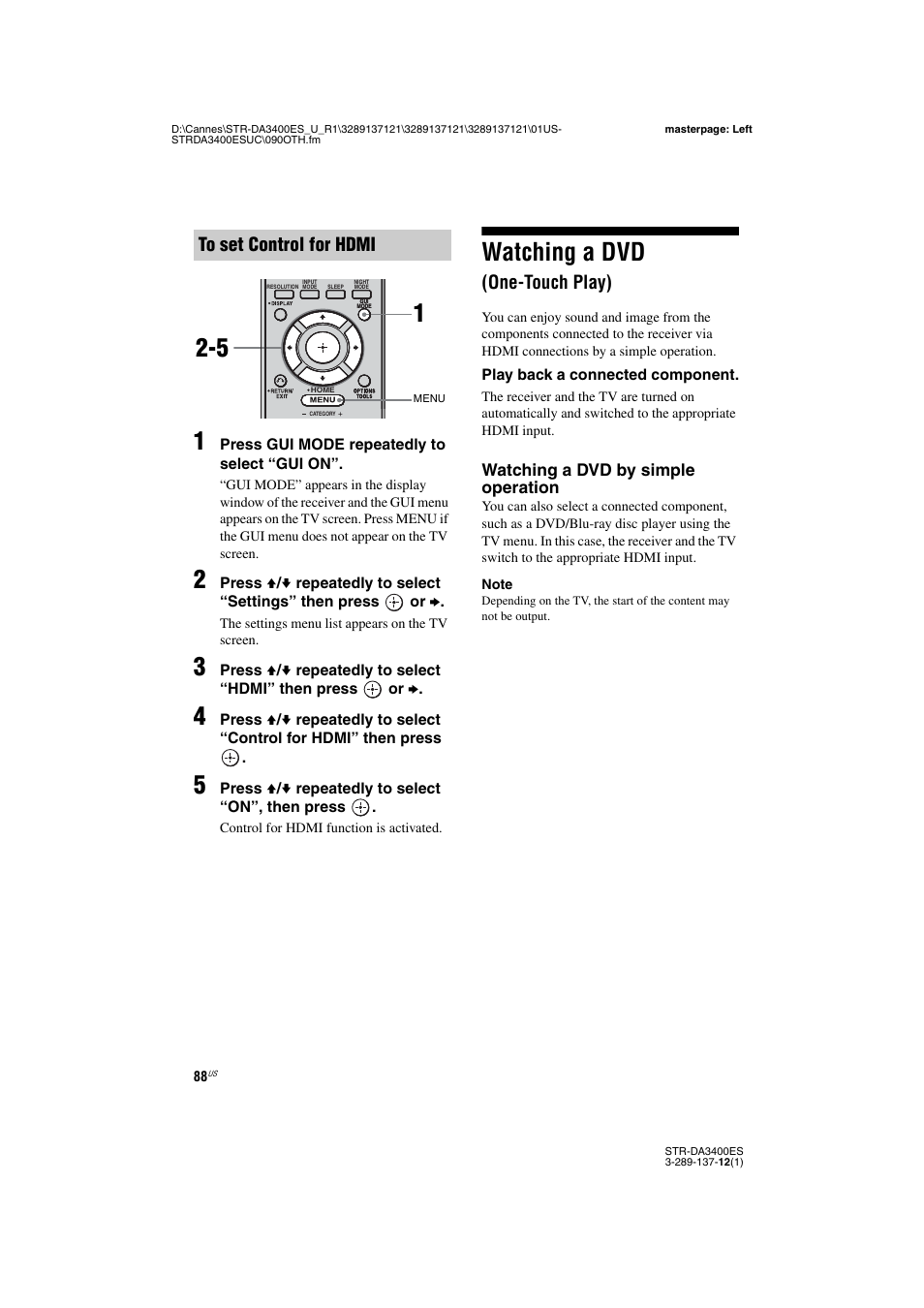 Watching a dvd (one-touch play), Watching a dvd, One-touch play) | Sony STR-DA3400ES User Manual | Page 88 / 144