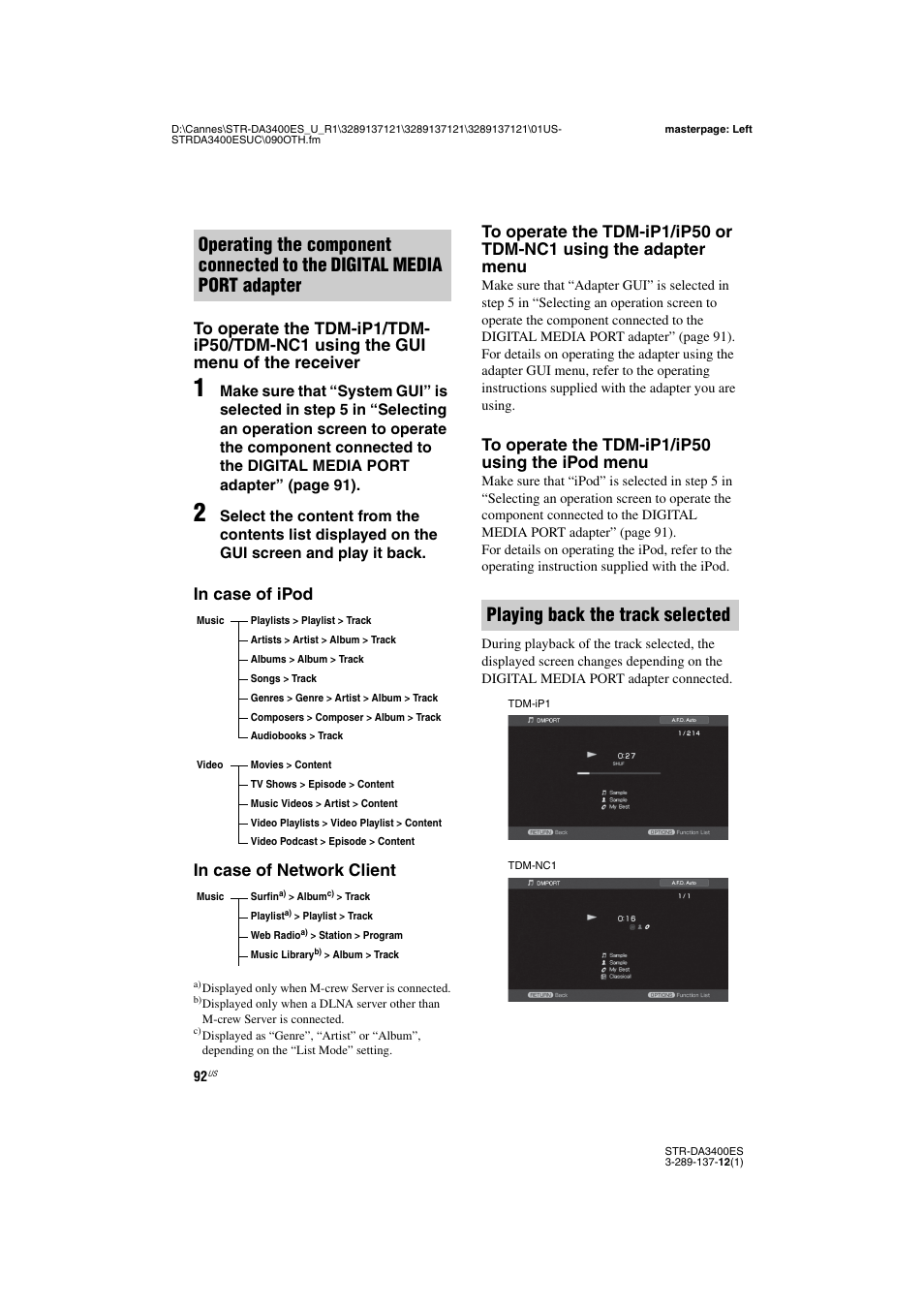 Playing back the track selected | Sony STR-DA3400ES User Manual | Page 92 / 144