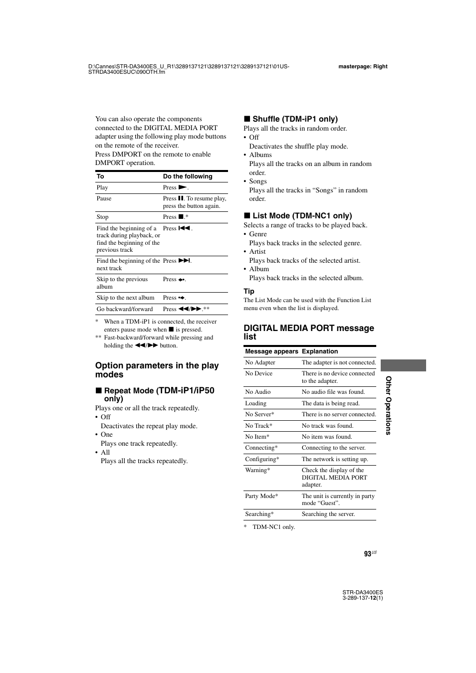 Option parameters in the play modes, Tdm-ip1/ip50, Digital media port message list | Sony STR-DA3400ES User Manual | Page 93 / 144