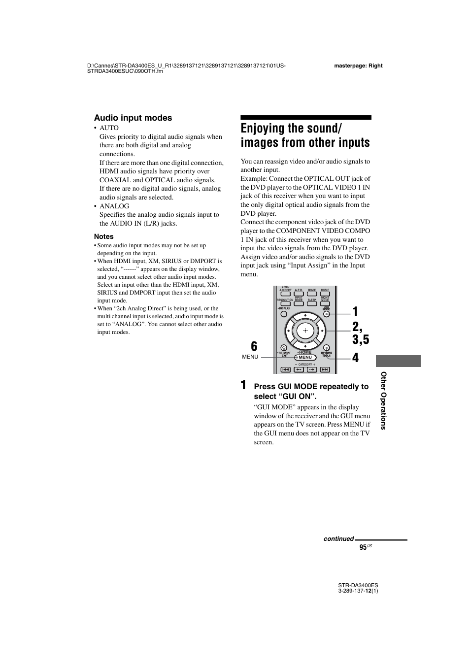 Enjoying the sound/ images from other inputs, Enjoying the sound/images from other, Inputs | Audio input modes | Sony STR-DA3400ES User Manual | Page 95 / 144