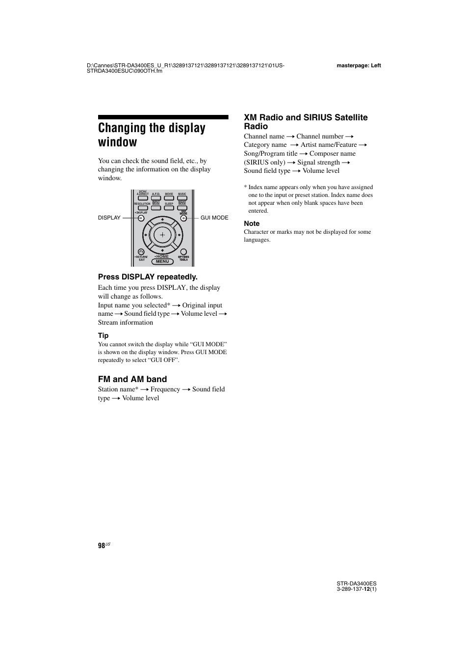 Changing the display window, Fm and am band, Xm radio and sirius satellite radio | Press display repeatedly | Sony STR-DA3400ES User Manual | Page 98 / 144