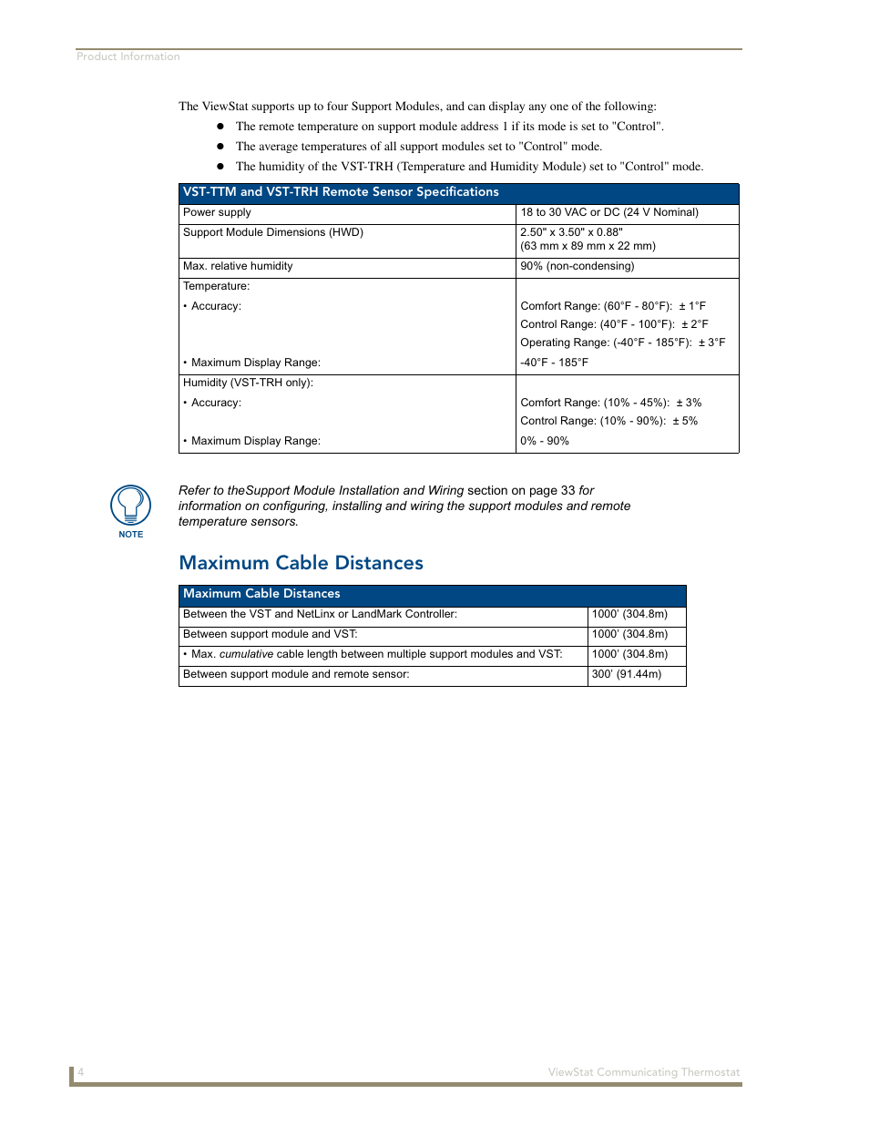 Maximum cable distances | AMX ViewStat User Manual | Page 10 / 68