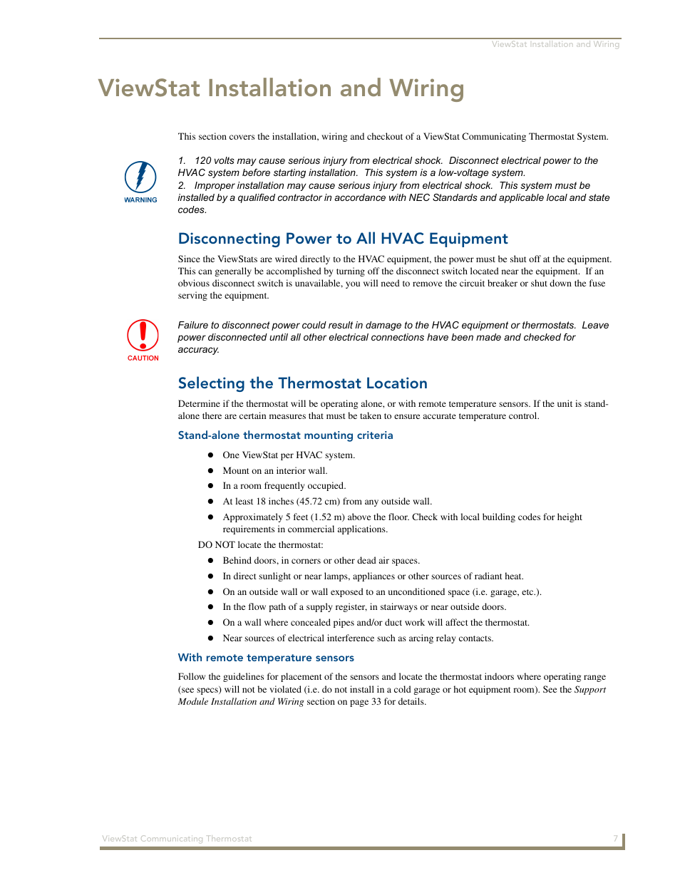 Viewstat installation and wiring, Disconnecting power to all hvac equipment, Selecting the thermostat location | Stand-alone thermostat mounting criteria, With remote temperature sensors | AMX ViewStat User Manual | Page 13 / 68