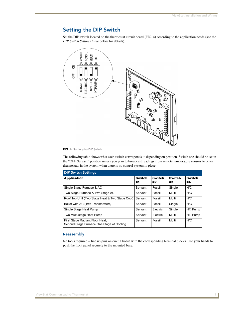 Setting the dip switch, Reassembly | AMX ViewStat User Manual | Page 15 / 68