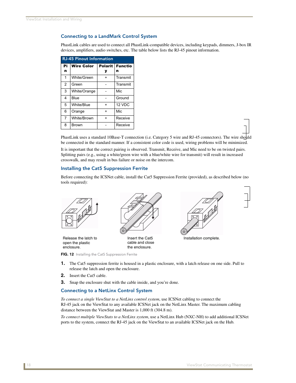 Connecting to a landmark control system, Installing the cat5 suppression ferrite, Connecting to a netlinx control system | AMX ViewStat User Manual | Page 24 / 68