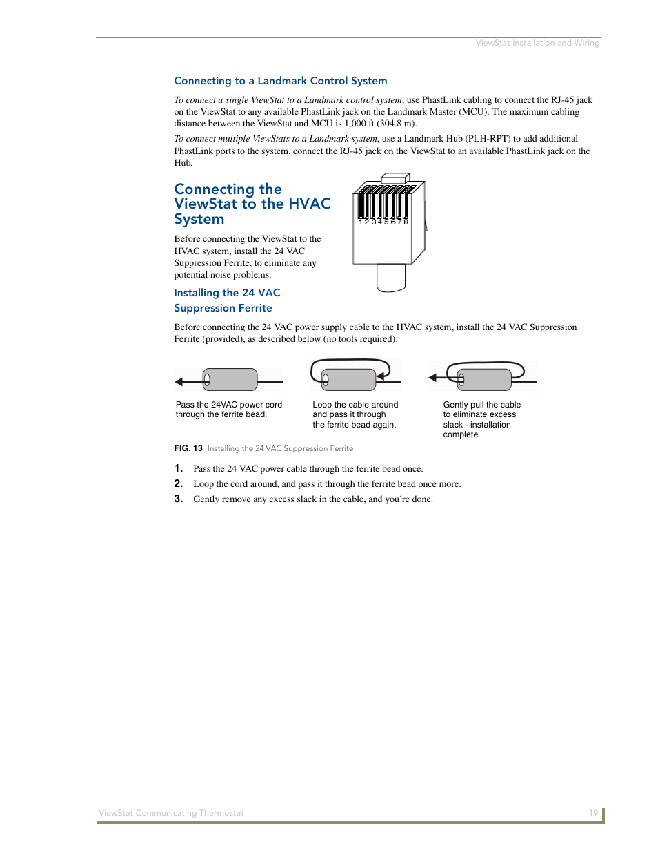 Connecting to a landmark control system, Connecting the viewstat to the hvac system, Installing the 24 vac suppression ferrite | AMX ViewStat User Manual | Page 25 / 68