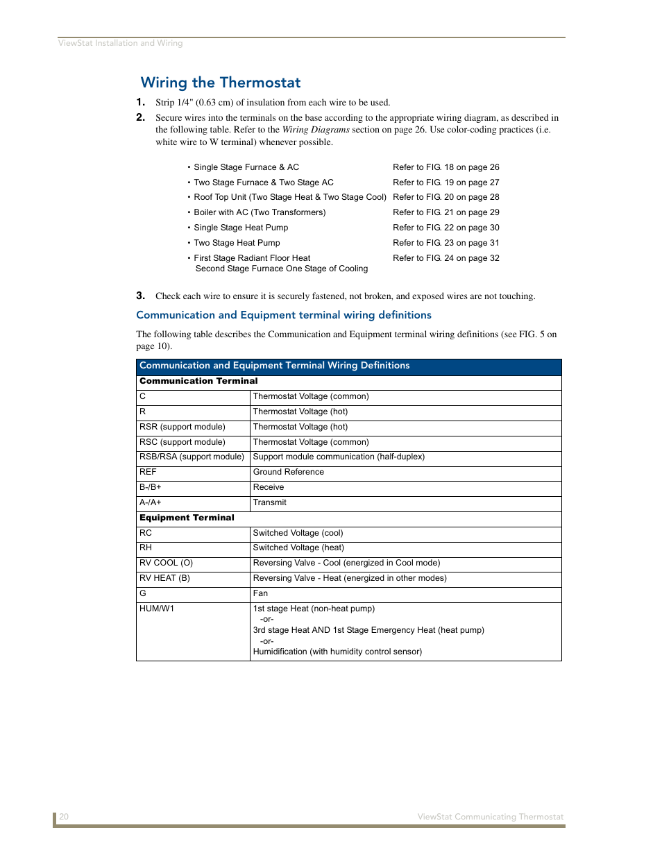 Wiring the thermostat | AMX ViewStat User Manual | Page 26 / 68