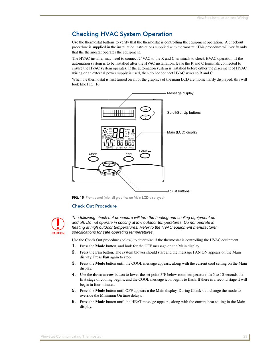 Checking hvac system operation, Check out procedure | AMX ViewStat User Manual | Page 29 / 68