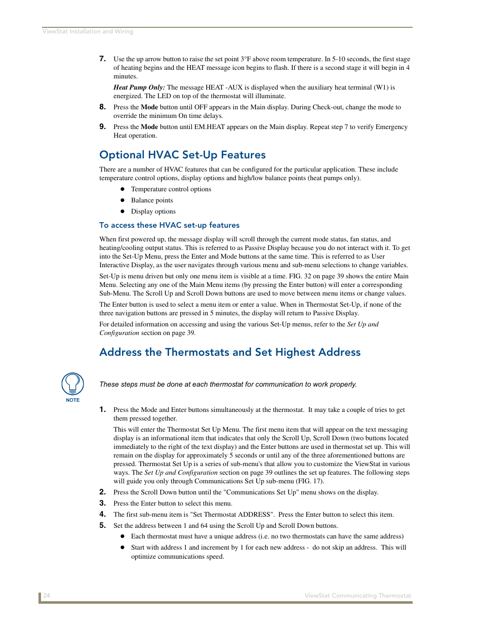 Optional hvac set-up features, To access these hvac set-up features, Address the thermostats and set highest address | AMX ViewStat User Manual | Page 30 / 68