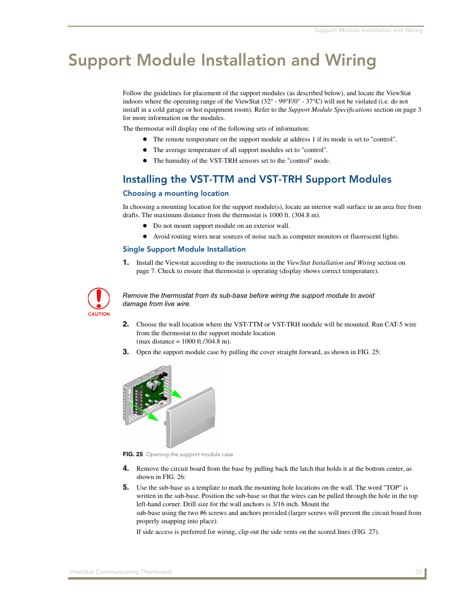 Support module installation and wiring, Installing the vst-ttm and vst-trh support modules, Choosing a mounting location | Single support module installation | AMX ViewStat User Manual | Page 39 / 68