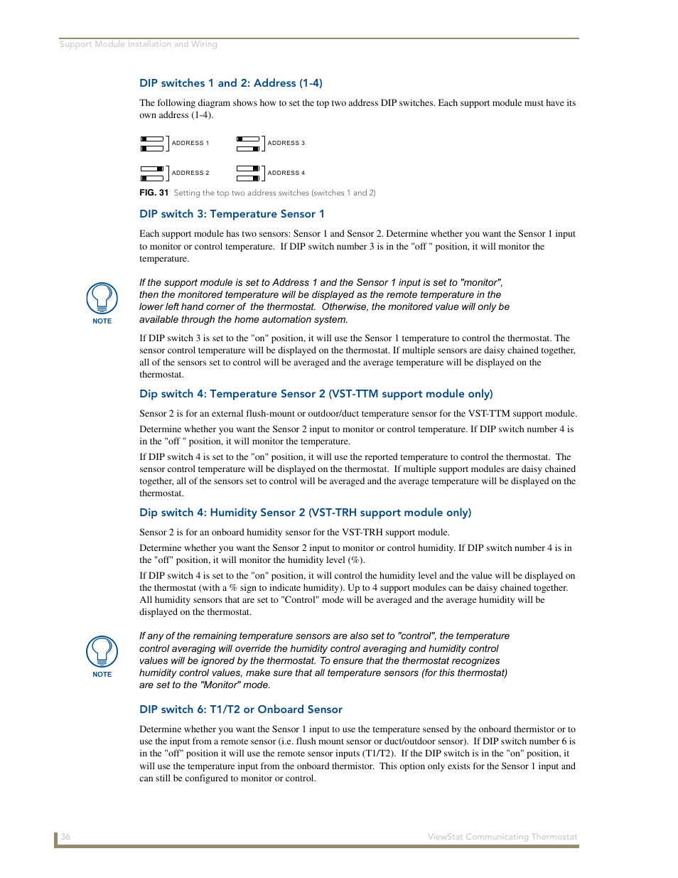 Dip switches 1 and 2: address (1-4), Dip switch 3: temperature sensor 1, Dip switch 6: t1/t2 or onboard sensor | AMX ViewStat User Manual | Page 42 / 68