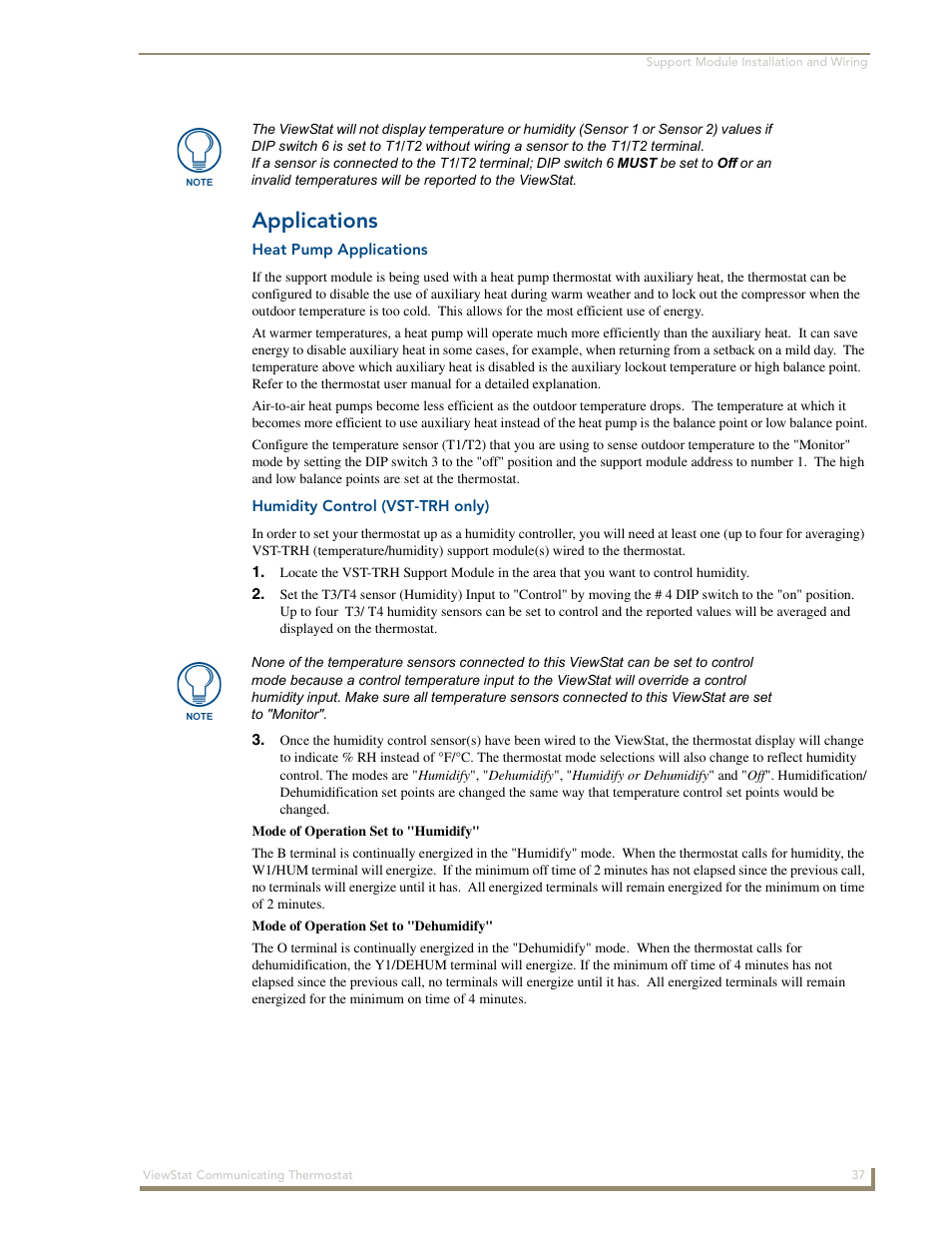 Applications, Heat pump applications, Humidity control (vst-trh only) | AMX ViewStat User Manual | Page 43 / 68