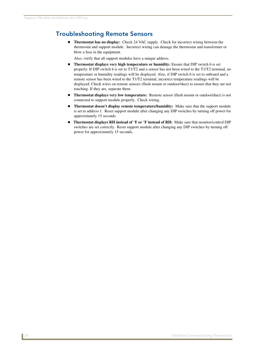 Troubleshooting remote sensors | AMX ViewStat User Manual | Page 44 / 68