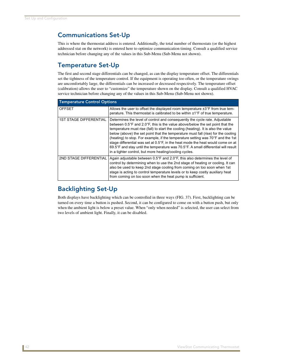 Communications set-up, Temperature set-up, Backlighting set-up | AMX ViewStat User Manual | Page 48 / 68