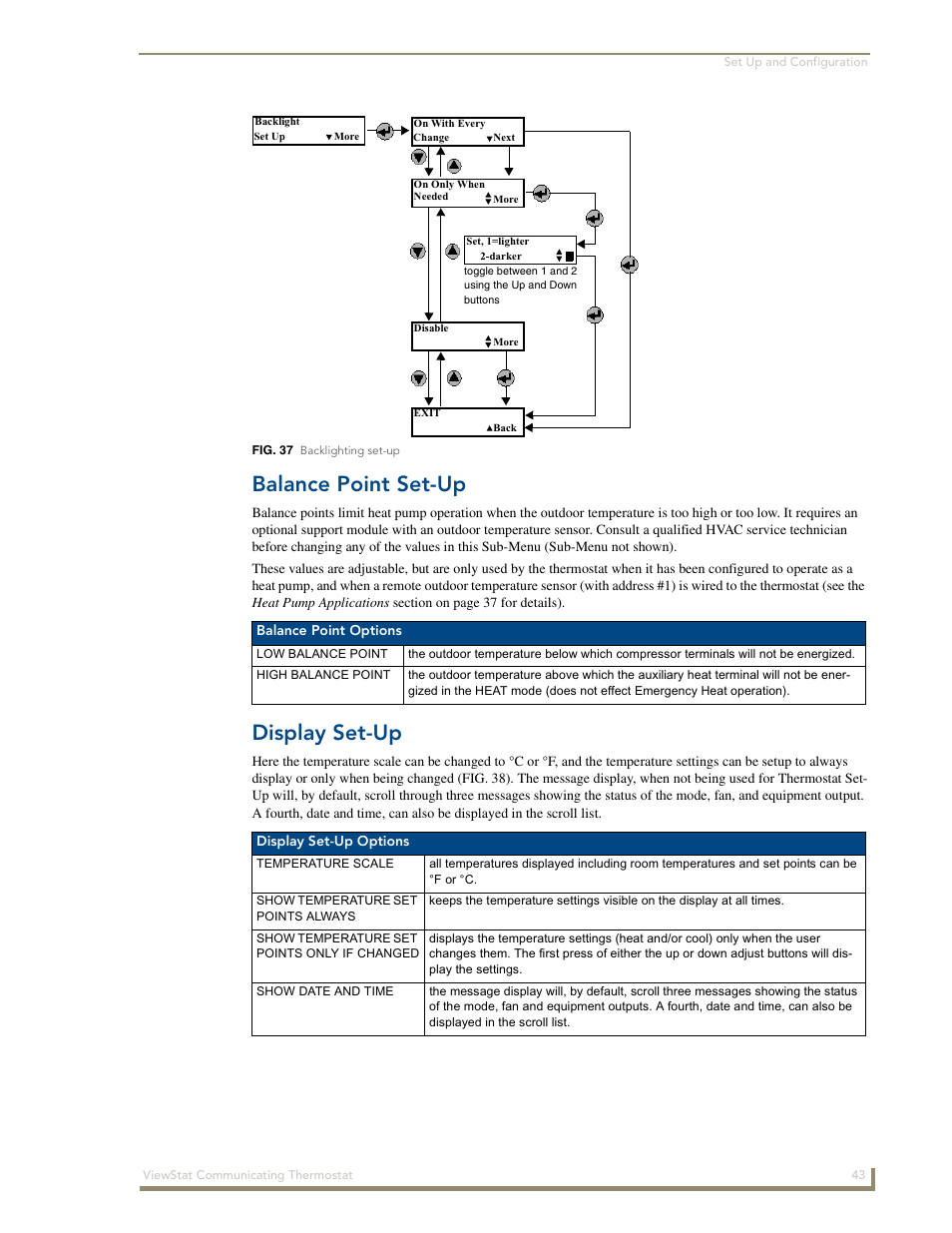 Balance point set-up, Display set-up | AMX ViewStat User Manual | Page 49 / 68