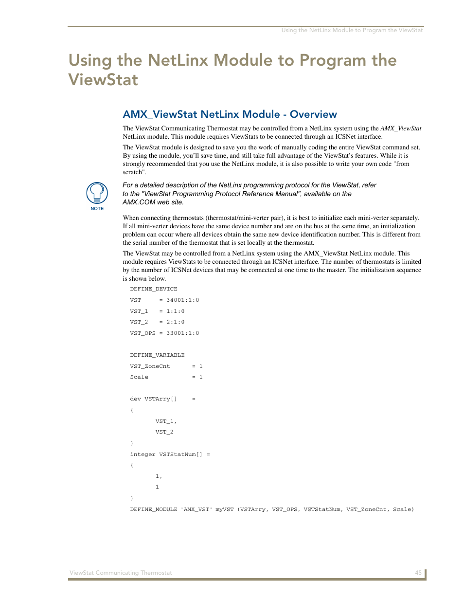 Using the netlinx module to program the viewstat, Amx_viewstat netlinx module - overview | AMX ViewStat User Manual | Page 51 / 68