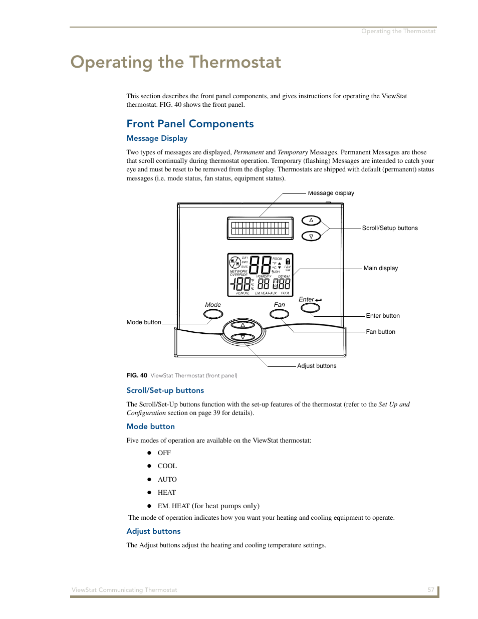 Operating the thermostat, Front panel components, Message display | Scroll/set-up buttons, Mode button, Adjust buttons | AMX ViewStat User Manual | Page 63 / 68