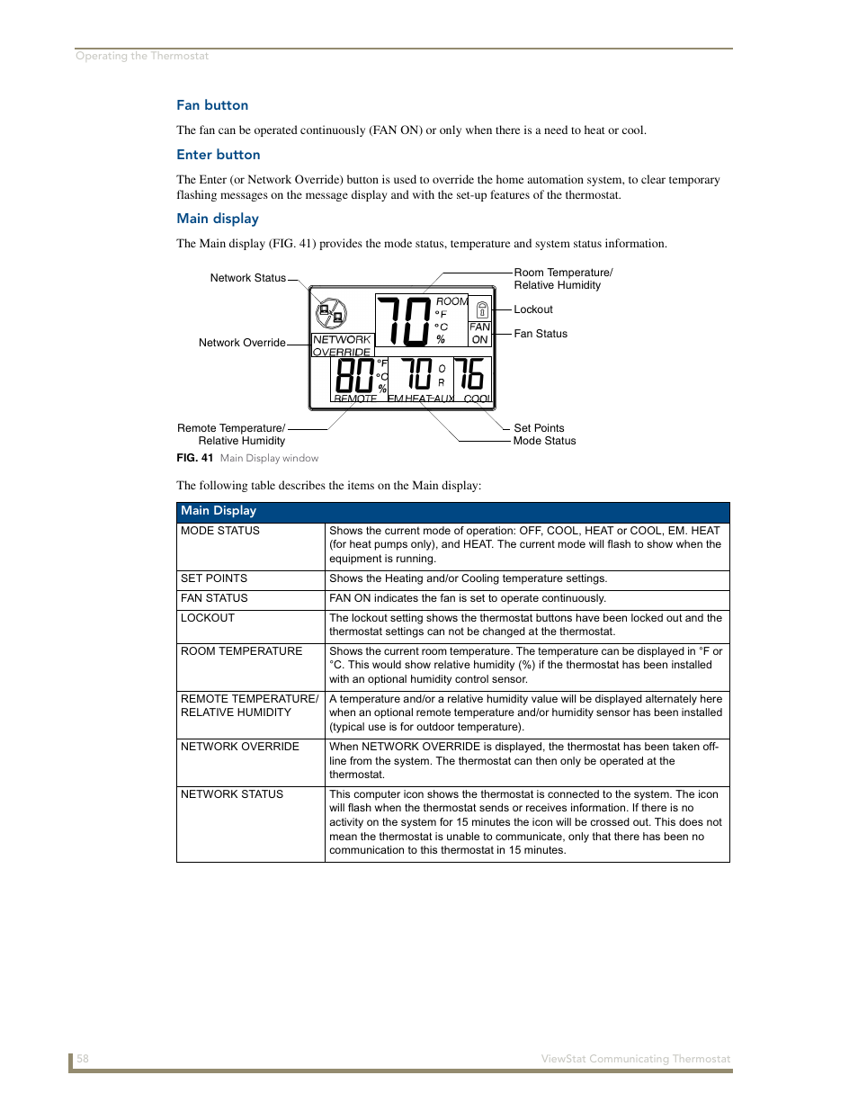 Fan button, Enter button, Main display | AMX ViewStat User Manual | Page 64 / 68